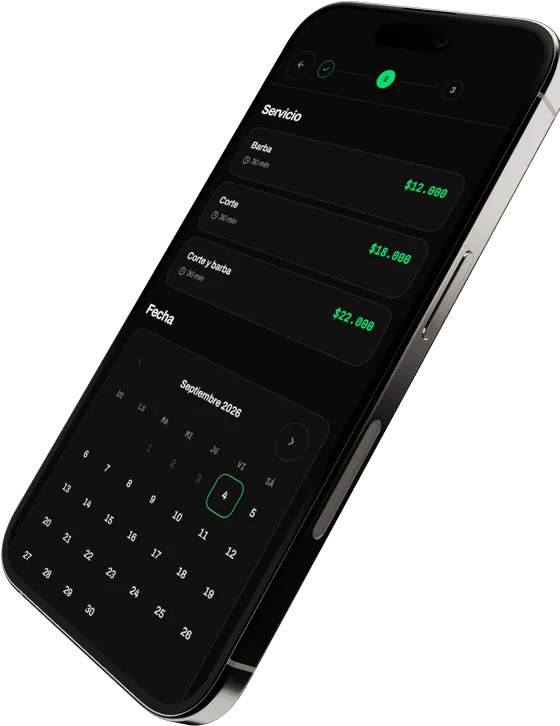 Un celular mostrando la reserva de turnos: servicios con su precio y el calendario del mes.